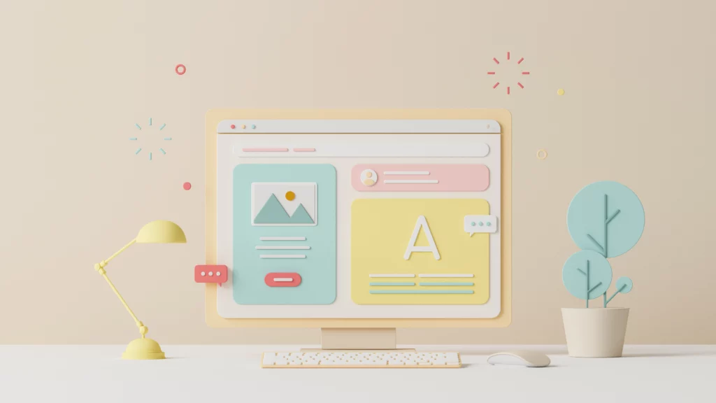 Una grafica stilizzata di un desktop con uno sfondo neutro che mostra una rappresentazione di un computer color pastello, accanto ad una lampada da scrivania gialla e una pianta verde in vaso, il tutto evocando un ambiente di lavoro pulito, moderno e creativo.